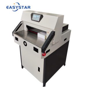 Specification: Model ES-490S LCD Control ES-490Y Touch screen Control Max. Cutting size 490x500mm 490x500mm Min.cutting size 40mm 40mm Cutting thickness 80mm 80mm Cutting precision ±0.3mm ±0.3mm Power 220V/50HZ/1.3KW 220V/50HZ/1.3KW Machine size 890x770x1250mm 890x770x1250mm Weight 150kg 150kg Features: Double guide bar pushes paper more smoothly. 6 way grating safety protection Fault code display Push paper error compensation function Adopt geared motors, less noise, more cutting power